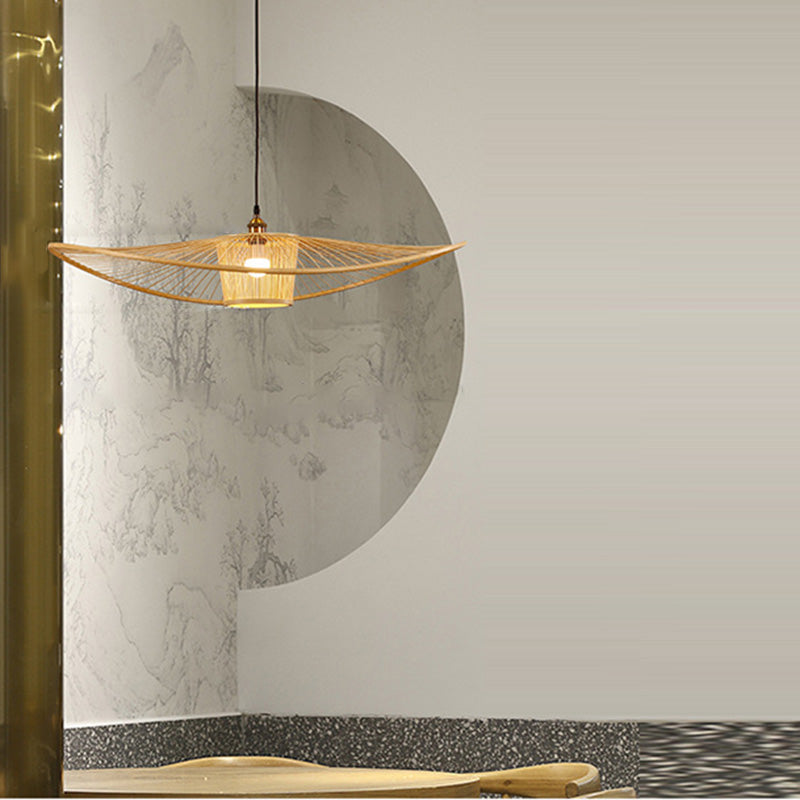 Suspension lumineuse à 1 ampoule en bambou et rotin, bandeau courbé cylindrique japonais traditionnel pour chambre à coucher 