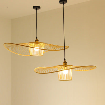 Suspension lumineuse à 1 ampoule en bambou et rotin, bandeau courbé cylindrique japonais traditionnel pour chambre à coucher 