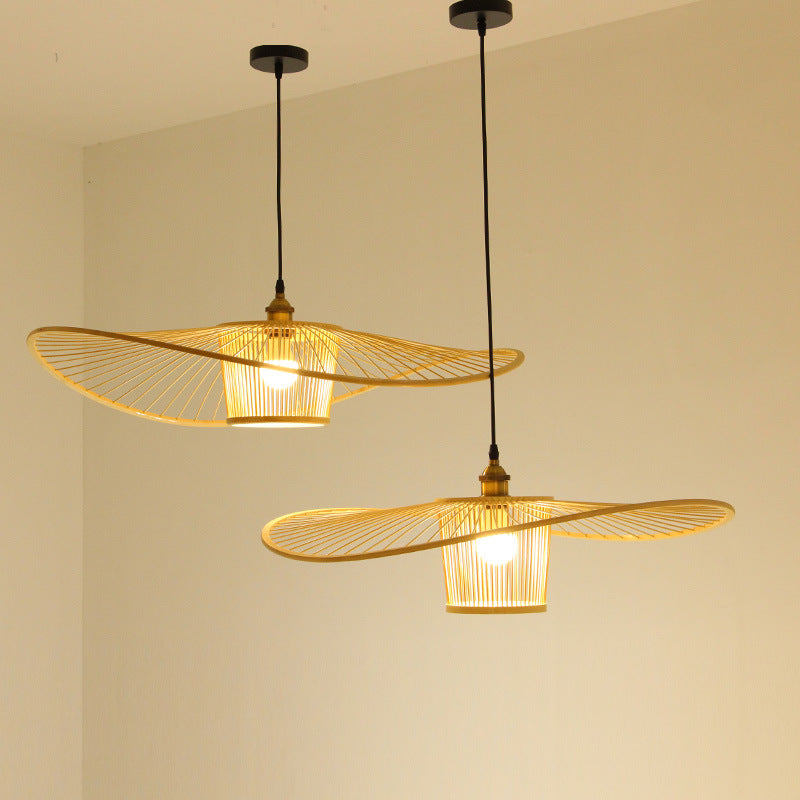 Suspension lumineuse à 1 ampoule en bambou et rotin, bandeau courbé cylindrique japonais traditionnel pour chambre à coucher 