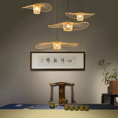 Suspension lumineuse à 1 ampoule en bambou et rotin, bandeau courbé cylindrique japonais traditionnel pour chambre à coucher 