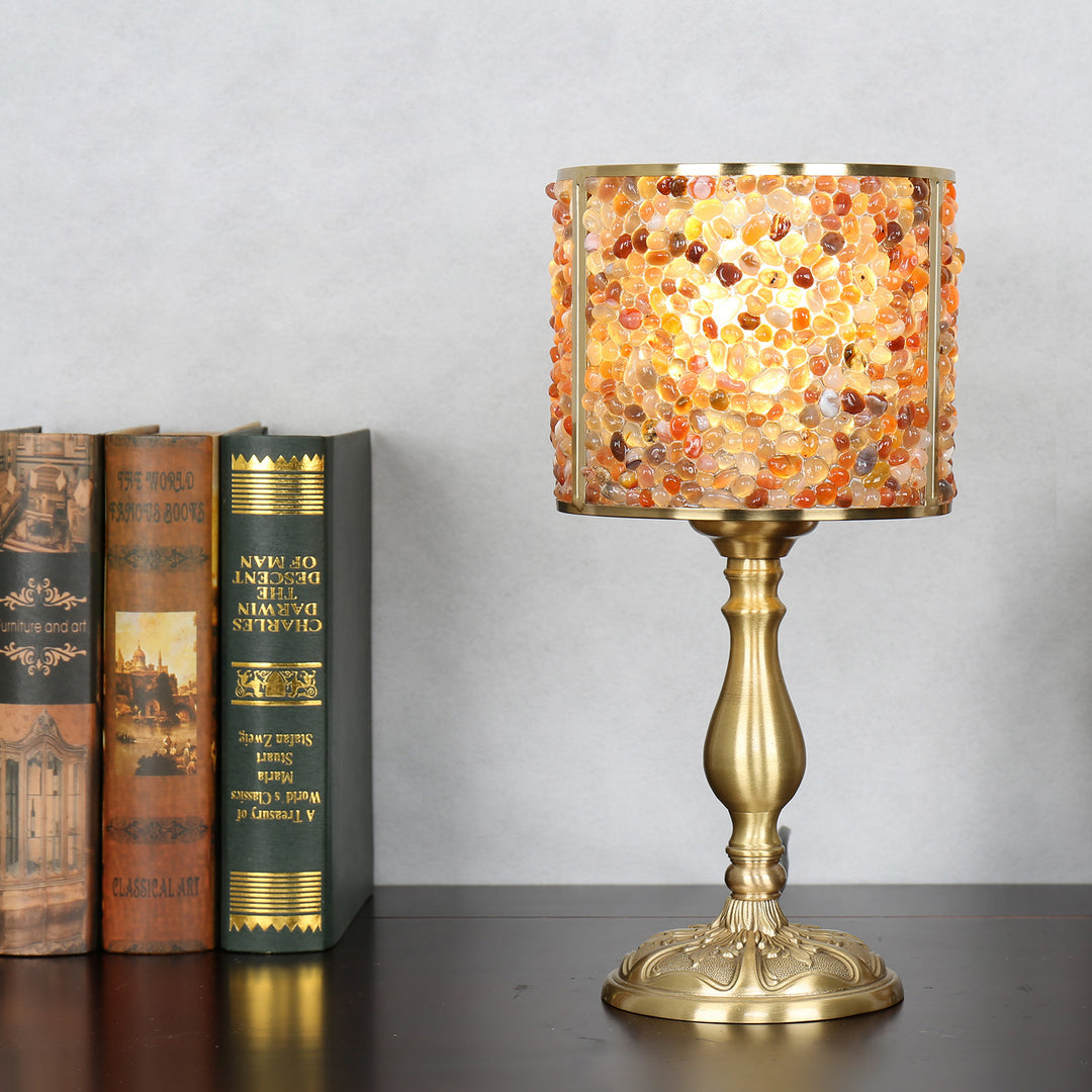 Contemporary Scandinavian Cylinder Striped Pellet Shard Disc Base Crystal Copper 1-Light Table Lamp For Bedroom