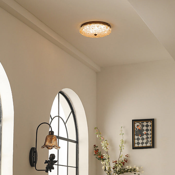 Traditionelle Vintage-Deckenleuchte mit runder Blume und Goldfolie, Eisenharz, LED-Halbeinbauleuchte für Wohnzimmer 