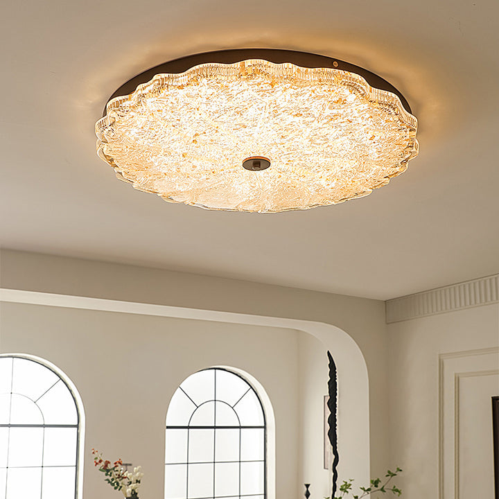 Traditionelle Vintage-Deckenleuchte mit runder Blume und Goldfolie, Eisenharz, LED-Halbeinbauleuchte für Wohnzimmer 