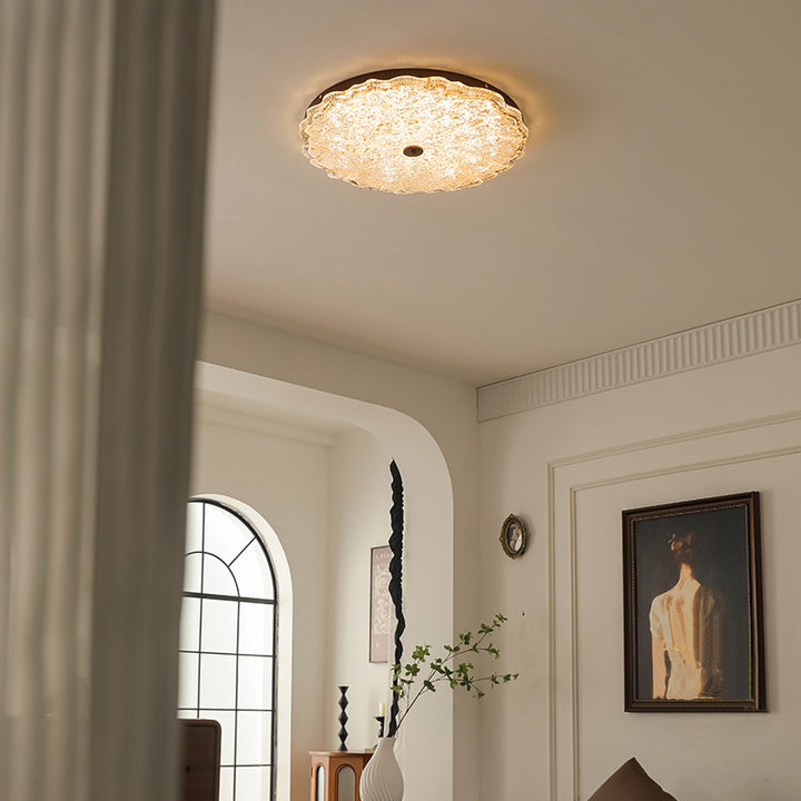 Traditionelle Vintage-Deckenleuchte mit runder Blume und Goldfolie, Eisenharz, LED-Halbeinbauleuchte für Wohnzimmer 