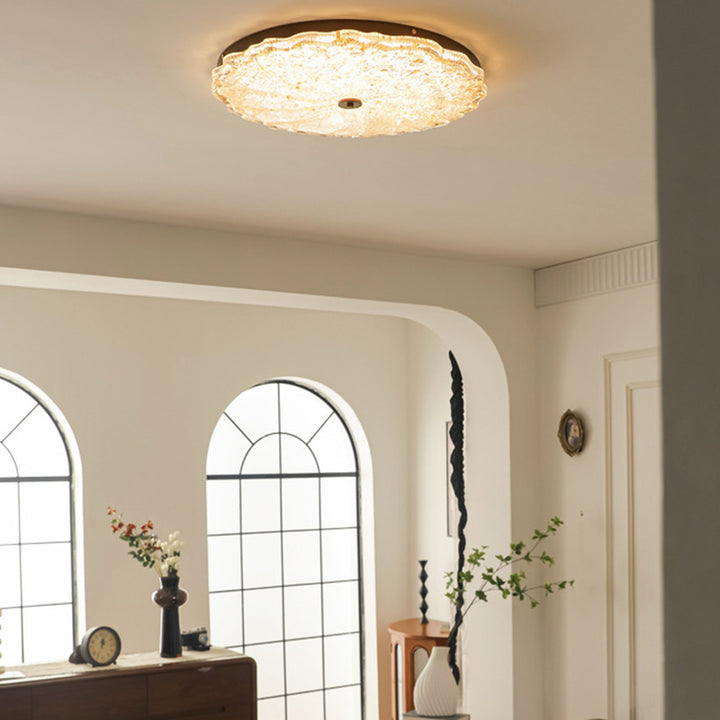 Traditionelle Vintage-Deckenleuchte mit runder Blume und Goldfolie, Eisenharz, LED-Halbeinbauleuchte für Wohnzimmer 