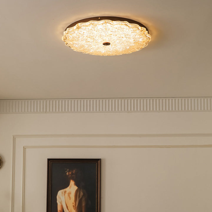 Traditionelle Vintage-Deckenleuchte mit runder Blume und Goldfolie, Eisenharz, LED-Halbeinbauleuchte für Wohnzimmer 
