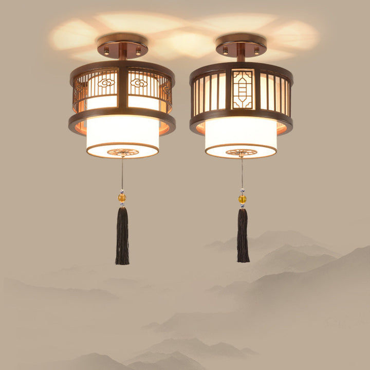 Lampe de plafond semi-encastrée à 1 lumière en bois massif avec tissu et pampille creuse de cylindre chinois traditionnel pour salon 