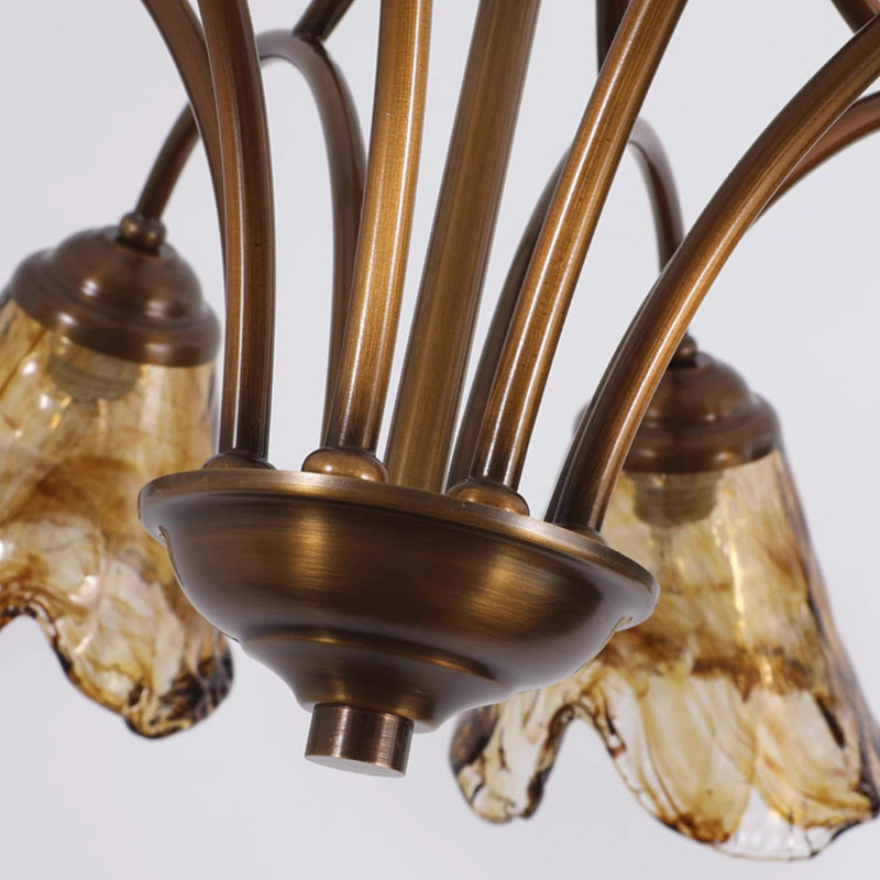 Lustre en cuivre et verre trombone vintage traditionnel à branches 6/8 lumières pour salon 