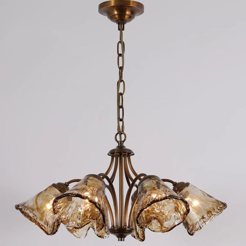 Lustre en cuivre et verre trombone vintage traditionnel à branches 6/8 lumières pour salon 