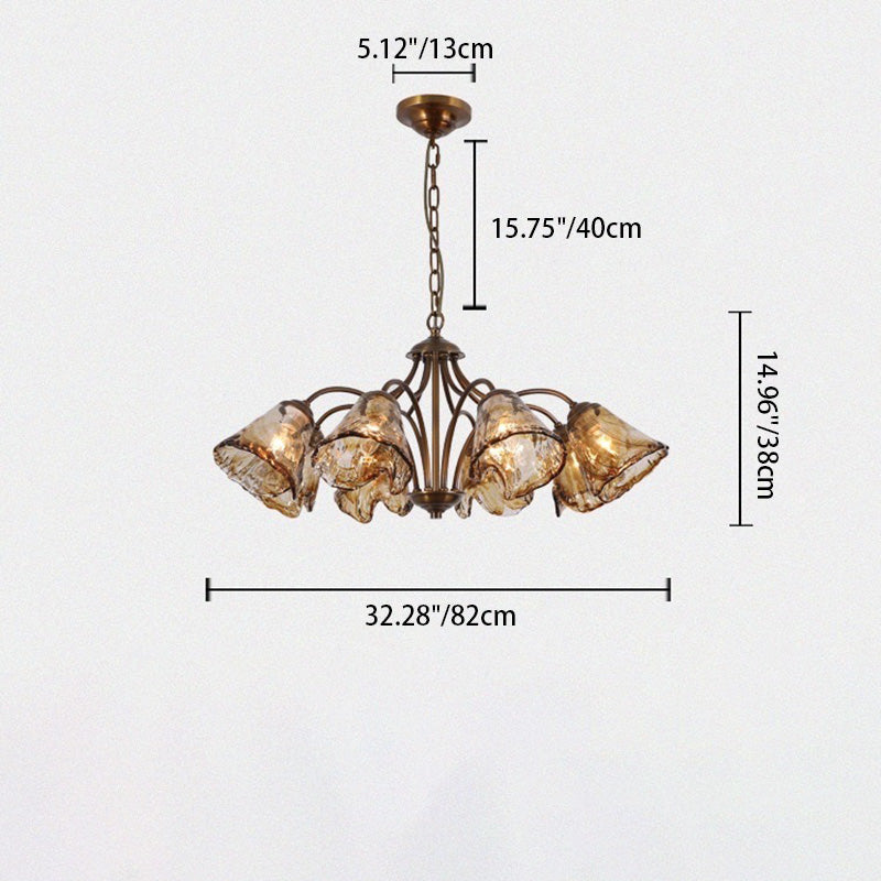 Lustre en cuivre et verre trombone vintage traditionnel à branches 6/8 lumières pour salon 