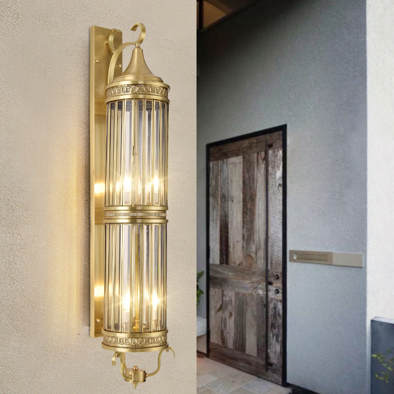Contemporary Scandinavian Waterproof Cylinder Flare Stripe Copper Glass 1/3/6-Light Outdoor Wall Sconce Lamp For Garden