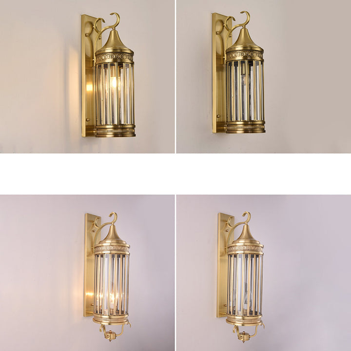 Contemporary Scandinavian Waterproof Cylinder Flare Stripe Copper Glass 1/3/6-Light Outdoor Wall Sconce Lamp For Garden