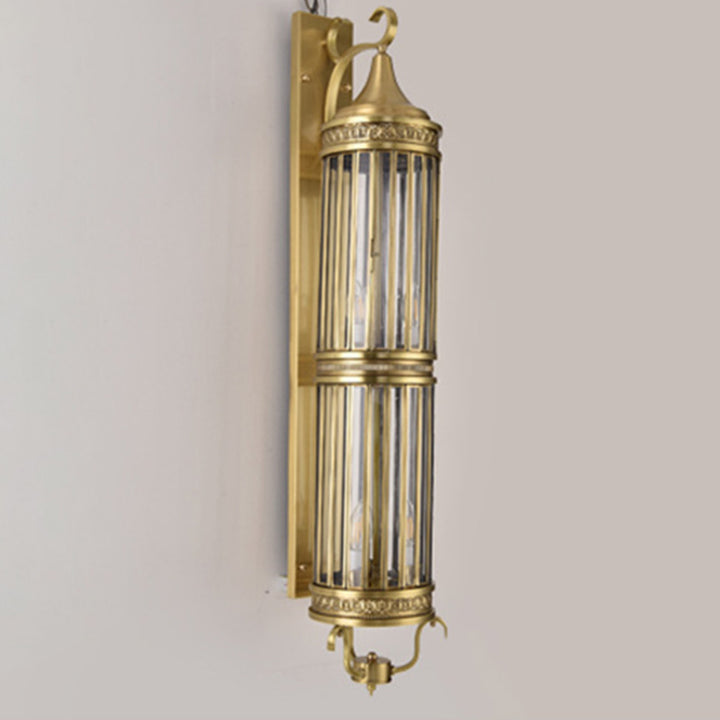Contemporary Scandinavian Waterproof Cylinder Flare Stripe Copper Glass 1/3/6-Light Outdoor Wall Sconce Lamp For Garden