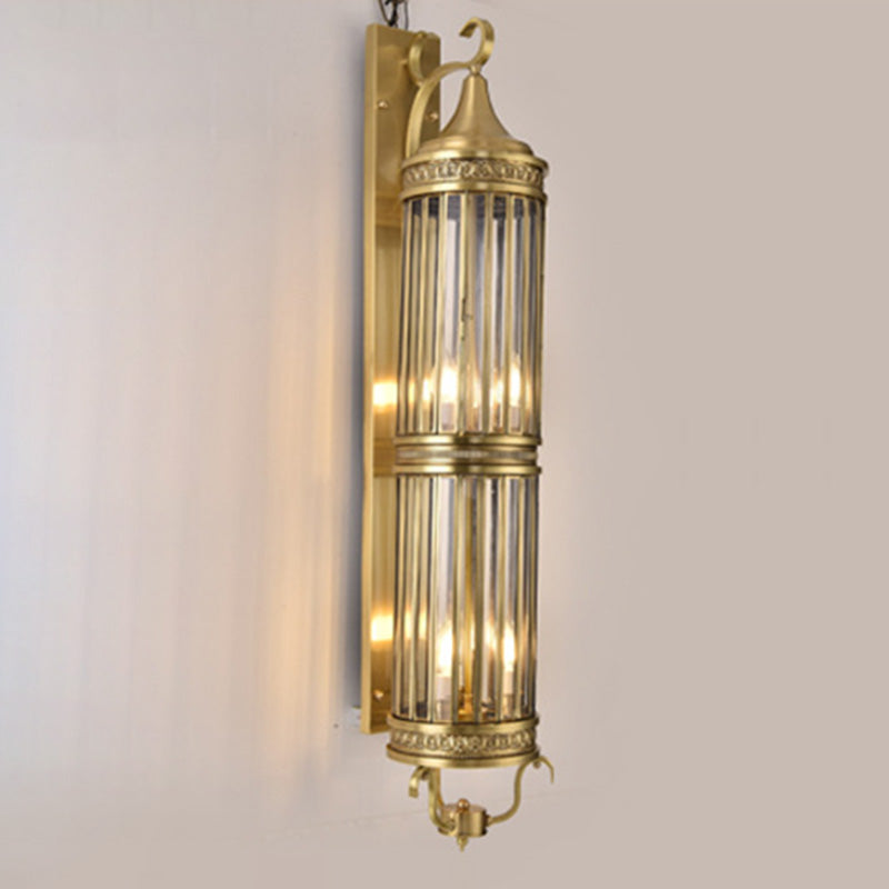 Contemporary Scandinavian Waterproof Cylinder Flare Stripe Copper Glass 1/3/6-Light Outdoor Wall Sconce Lamp For Garden