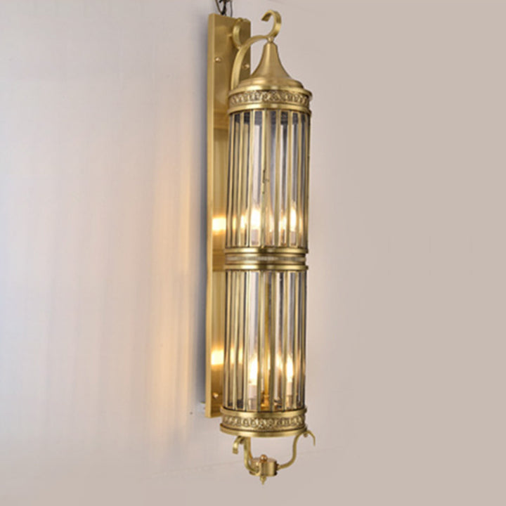 Contemporary Scandinavian Waterproof Cylinder Flare Stripe Copper Glass 1/3/6-Light Outdoor Wall Sconce Lamp For Garden