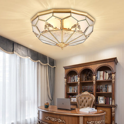 Traditional Vintage Half Circle Umbrella Striped Patterned Copper Glass 3/4/6 Light Flush Mount Ceiling Light For Living Room