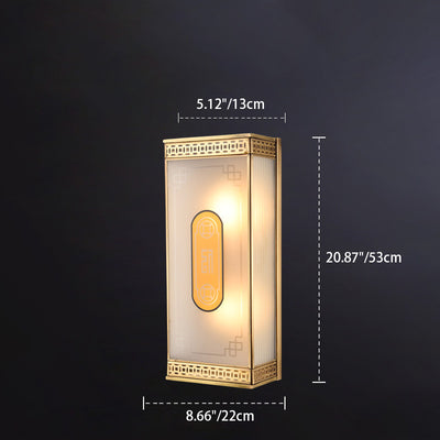 Applique murale en verre dépoli en cuivre avec motif ovale rectangulaire chinois traditionnel 1/2 lumière pour salon 