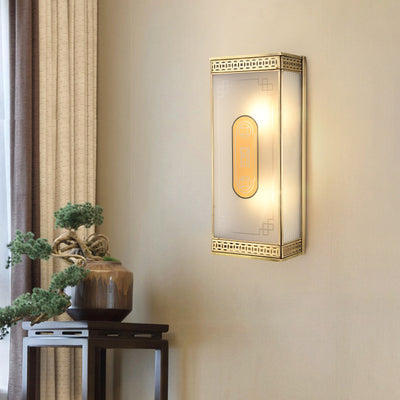Applique murale en verre dépoli en cuivre avec motif ovale rectangulaire chinois traditionnel 1/2 lumière pour salon 