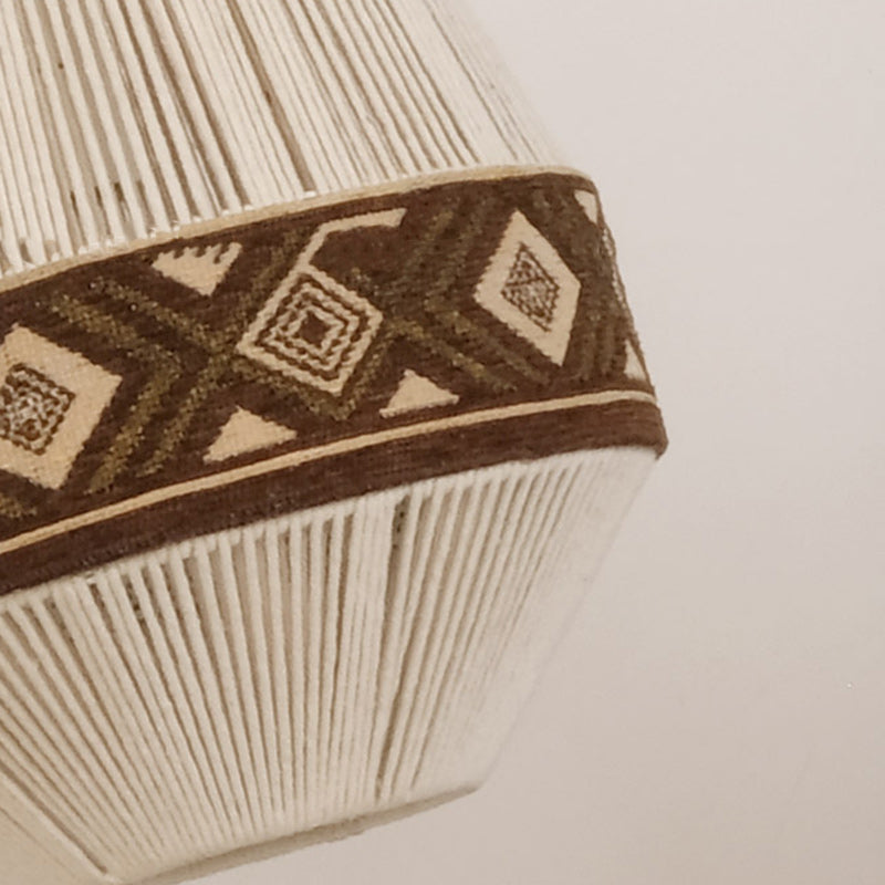 Contemporary Boho Round Table Cylinder Rhombus Floral Cotton Linen Rope Fabric 1-Light Pendant Light For Bedroom
