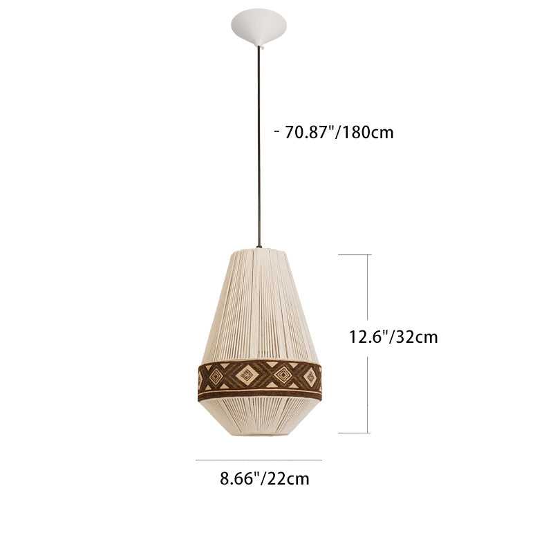 Contemporary Boho Round Table Cylinder Rhombus Floral Cotton Linen Rope Fabric 1-Light Pendant Light For Bedroom