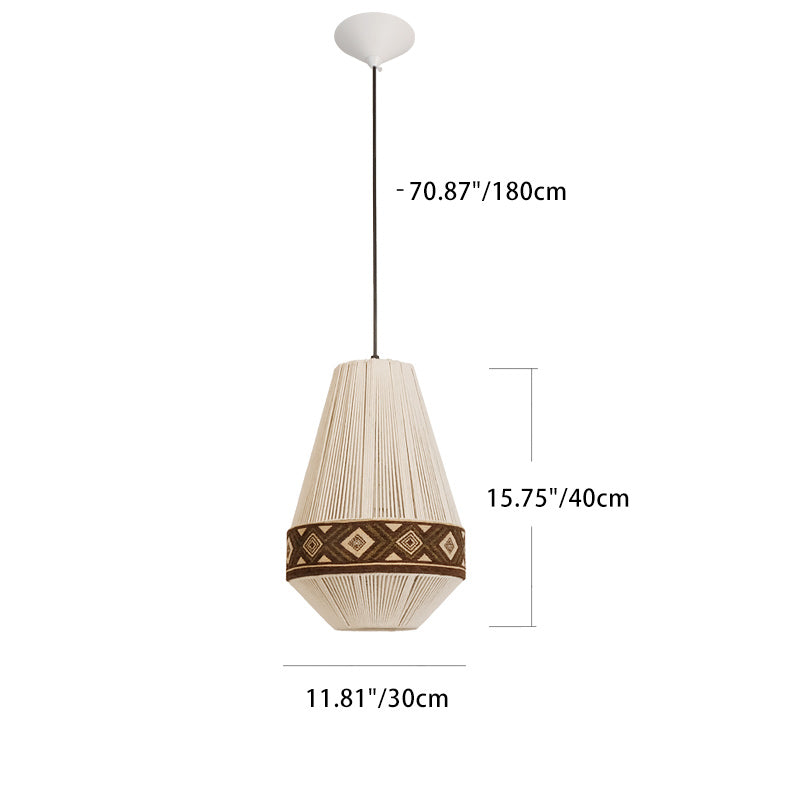 Contemporary Boho Round Table Cylinder Rhombus Floral Cotton Linen Rope Fabric 1-Light Pendant Light For Bedroom