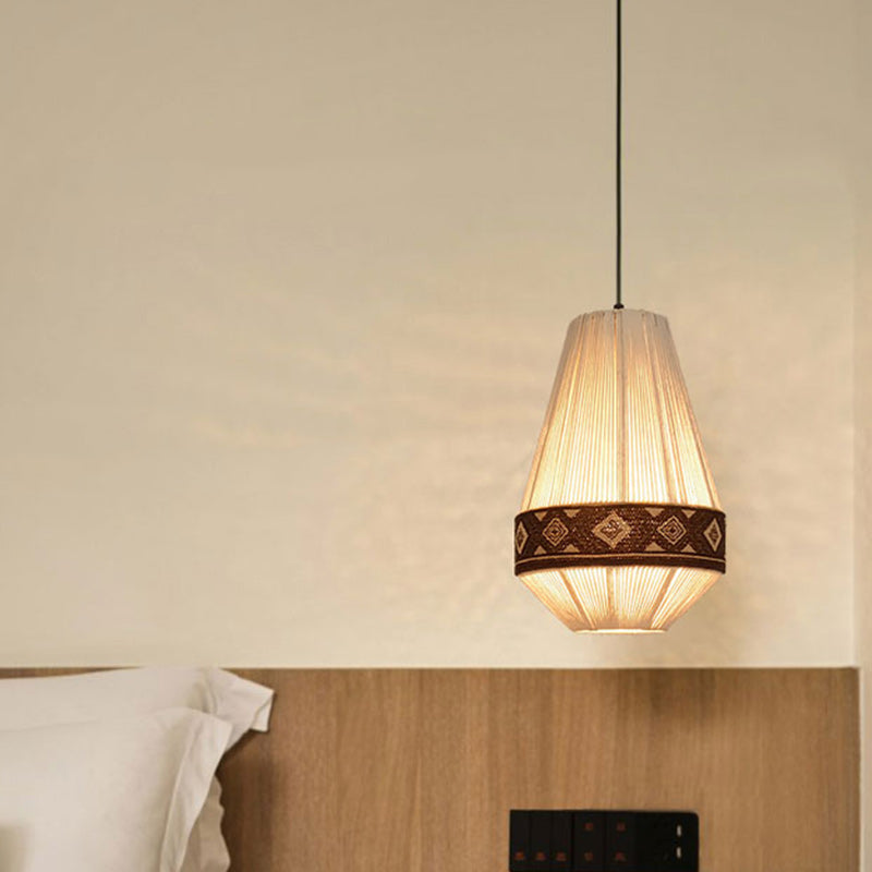 Contemporary Boho Round Table Cylinder Rhombus Floral Cotton Linen Rope Fabric 1-Light Pendant Light For Bedroom