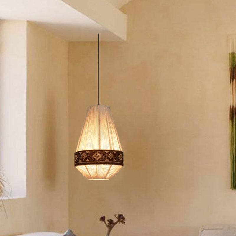 Contemporary Boho Round Table Cylinder Rhombus Floral Cotton Linen Rope Fabric 1-Light Pendant Light For Bedroom