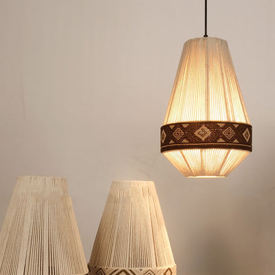 Contemporary Boho Round Table Cylinder Rhombus Floral Cotton Linen Rope Fabric 1-Light Pendant Light For Bedroom