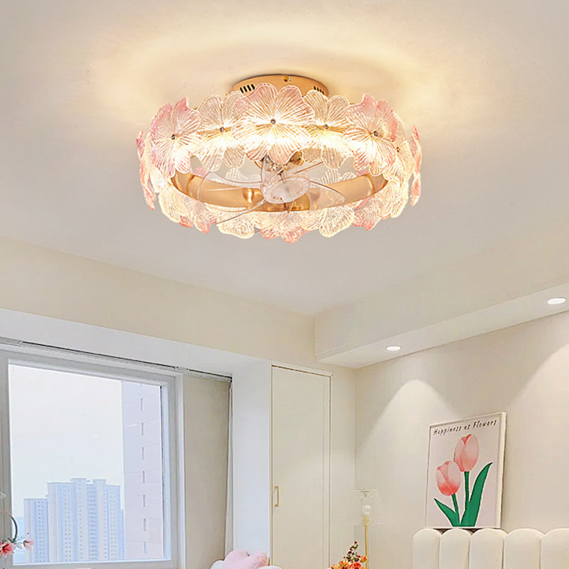Contemporary Creative Round Circle Flower Hardware Glass ABS Fan Blade LED Semi-Flush Mount Ceiling Fan Light For Bedroom