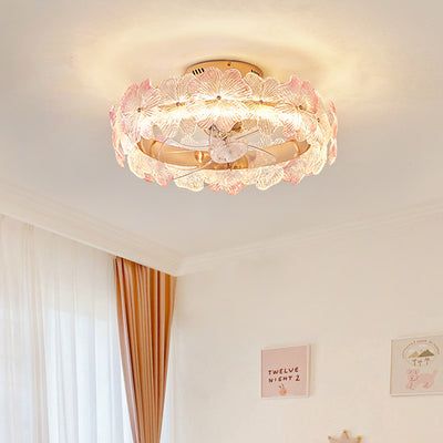 Contemporary Creative Round Circle Flower Hardware Glass ABS Fan Blade LED Semi-Flush Mount Ceiling Fan Light For Bedroom