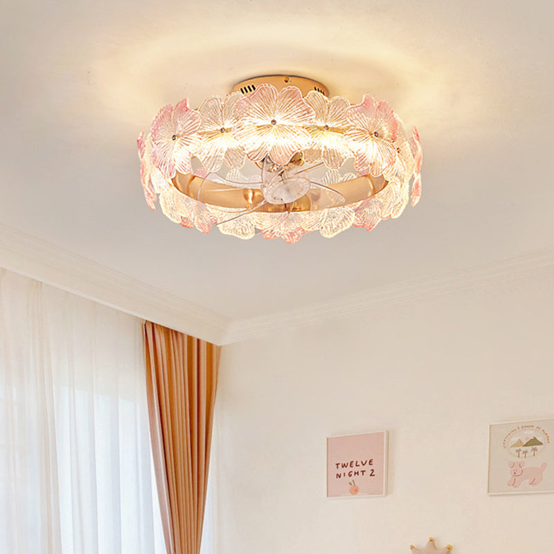 Contemporary Creative Round Circle Flower Hardware Glass ABS Fan Blade LED Semi-Flush Mount Ceiling Fan Light For Bedroom