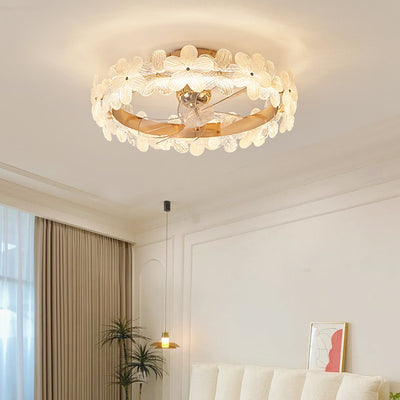 Contemporary Creative Round Circle Flower Hardware Glass ABS Fan Blade LED Semi-Flush Mount Ceiling Fan Light For Bedroom