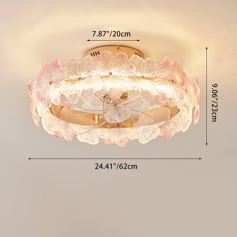 Contemporary Creative Round Circle Flower Hardware Glass ABS Fan Blade LED Semi-Flush Mount Ceiling Fan Light For Bedroom