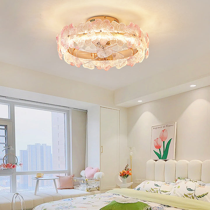 Zeitgenössische kreative runde Kreis-Blumen-Hardware Glas ABS Lüfterflügel LED Halbbündige Deckenventilatorleuchte für Schlafzimmer 