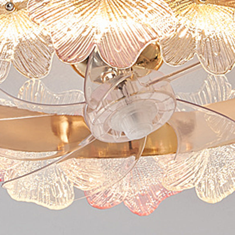Contemporary Creative Round Circle Flower Hardware Glass ABS Fan Blade LED Semi-Flush Mount Ceiling Fan Light For Bedroom
