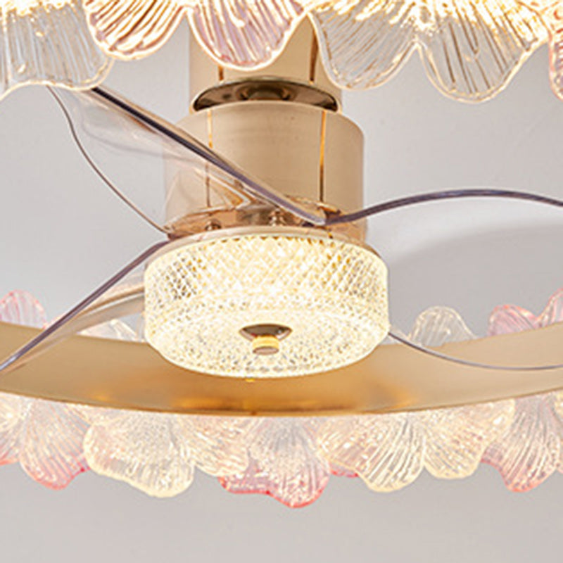 Zeitgenössische kreative runde Kreis-Blumen-Hardware Glas ABS Lüfterflügel LED Halbbündige Deckenventilatorleuchte für Schlafzimmer 