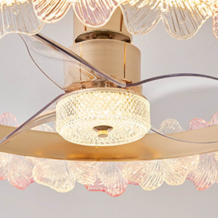 Zeitgenössische kreative runde Kreis-Blumen-Hardware Glas ABS Lüfterflügel LED Halbbündige Deckenventilatorleuchte für Schlafzimmer 