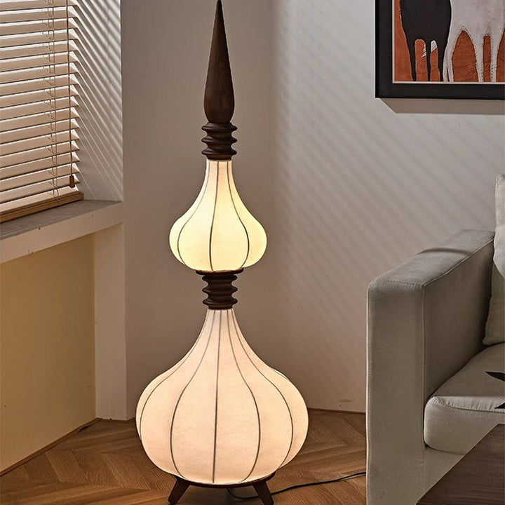 Lampe de sol LED en bois de frêne à couches multiples avec tissu et forme de larme ovale traditionnelle française pour salon 