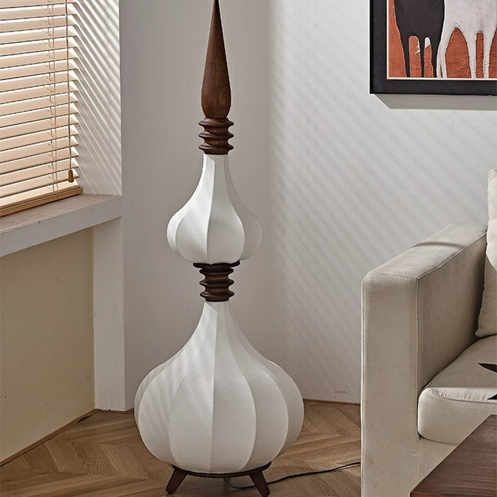 Lampe de sol LED en bois de frêne à couches multiples avec tissu et forme de larme ovale traditionnelle française pour salon 