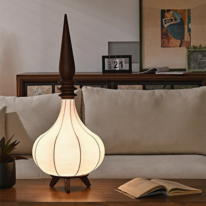 Lampe de sol LED en bois de frêne à couches multiples avec tissu et forme de larme ovale traditionnelle française pour salon 