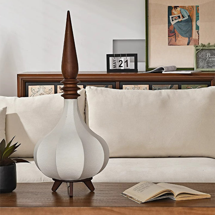Lampe de sol LED en bois de frêne à couches multiples avec tissu et forme de larme ovale traditionnelle française pour salon 