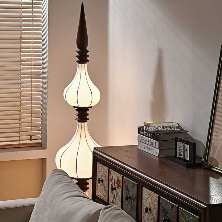 Lampe de sol LED en bois de frêne à couches multiples avec tissu et forme de larme ovale traditionnelle française pour salon 