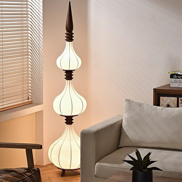 Lampe de sol LED en bois de frêne à couches multiples avec tissu et forme de larme ovale traditionnelle française pour salon 