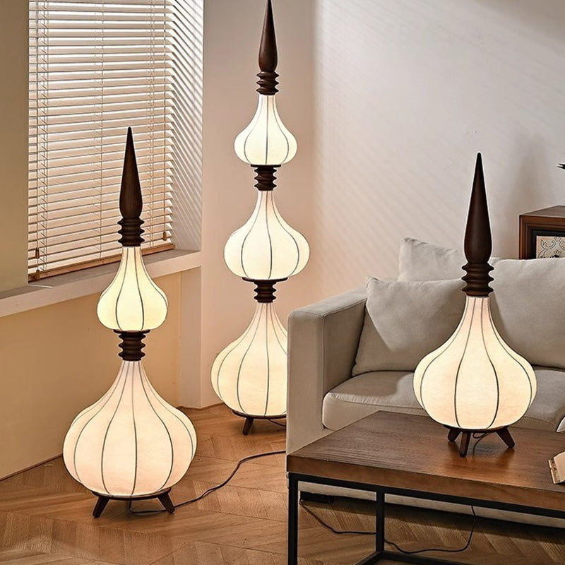 Lampe de sol LED en bois de frêne à couches multiples avec tissu et forme de larme ovale traditionnelle française pour salon 