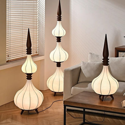 Traditionelle französische ovale Teardrop-Zwiebel-Stehlampe aus mehrschichtigem Eschenholzgewebe mit LED-Beleuchtung für Wohnzimmer 