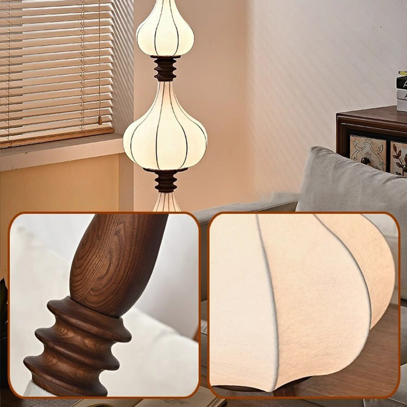 Lampe de sol LED en bois de frêne à couches multiples avec tissu et forme de larme ovale traditionnelle française pour salon 
