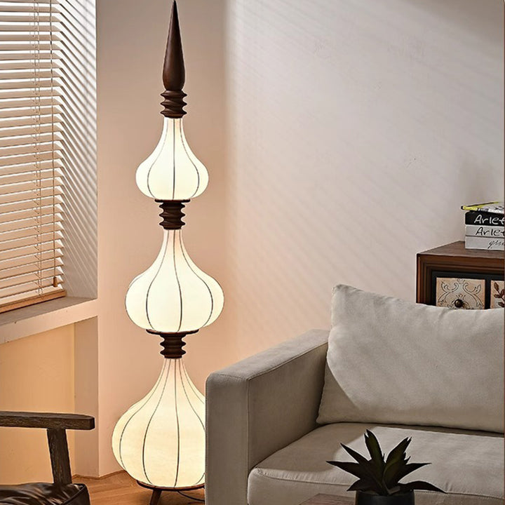 Lampe de sol LED en bois de frêne à couches multiples avec tissu et forme de larme ovale traditionnelle française pour salon 