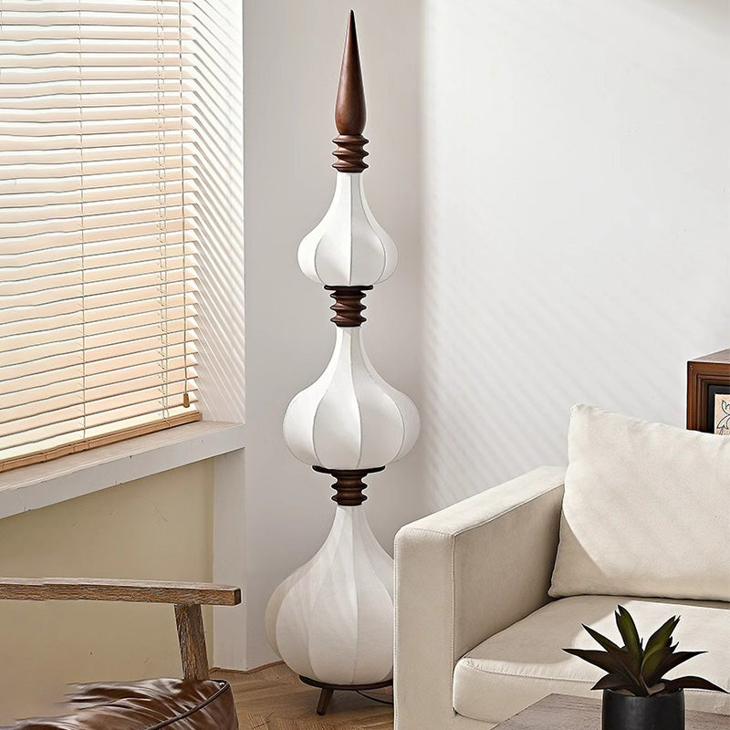 Lampe de sol LED en bois de frêne à couches multiples avec tissu et forme de larme ovale traditionnelle française pour salon 