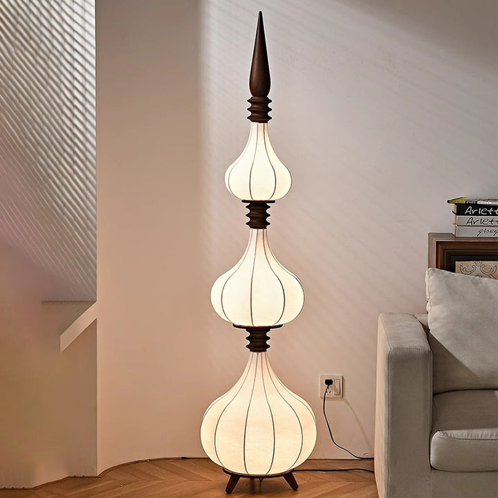Lampe de sol LED en bois de frêne à couches multiples avec tissu et forme de larme ovale traditionnelle française pour salon 