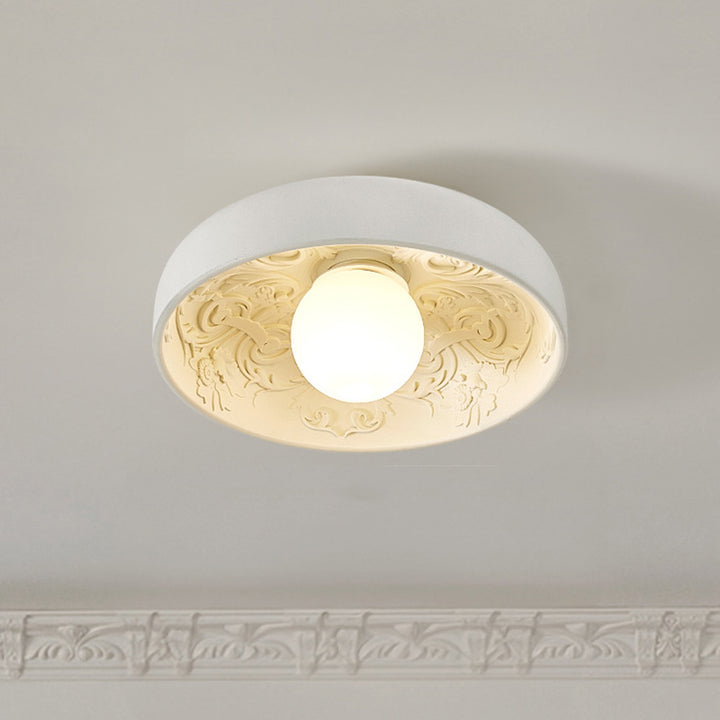 Contemporary Creative Half Round Carved Orb Resin Glass 1-Light Flush Mount Ceiling Light For Living Room